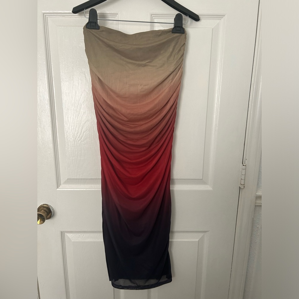 SHEIN Strapless Ombre Ruched Maxi Dress in Beige Red Black